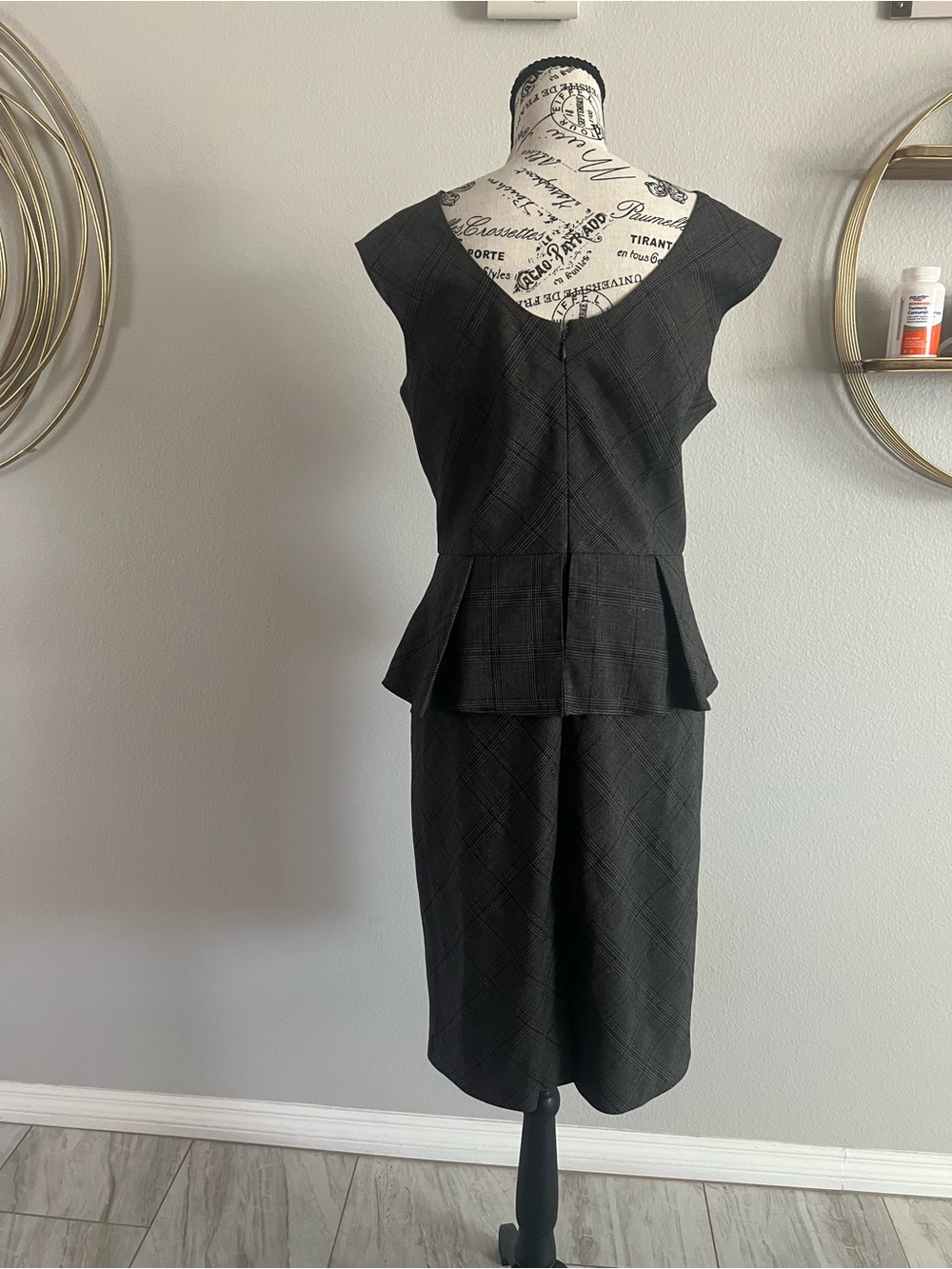 New York & Company Black Plaid Peplum Pencil Skirt Set